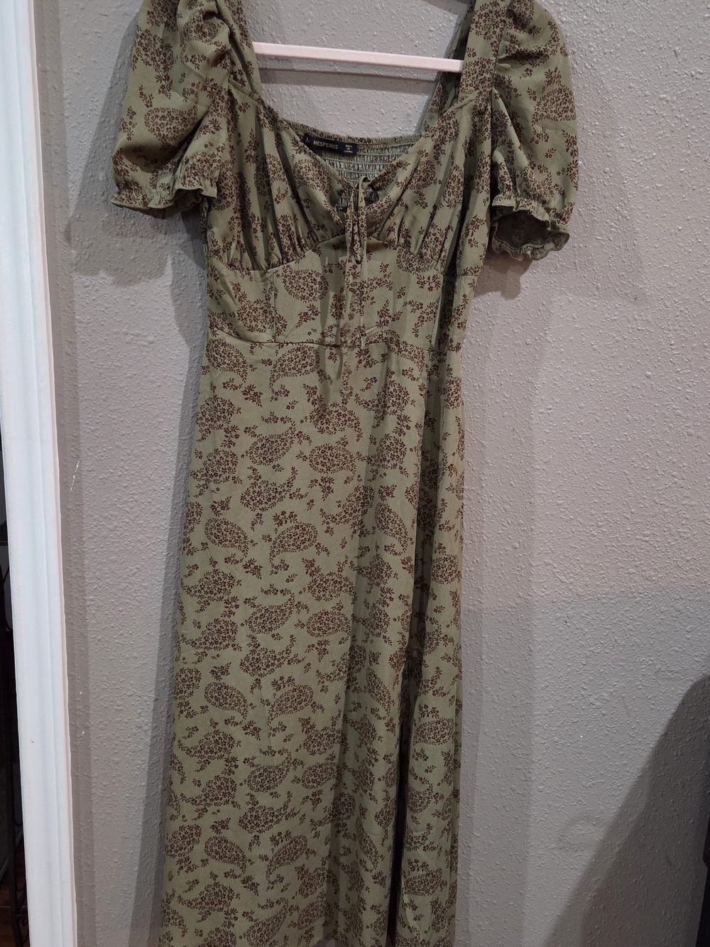 Smocked Bust Sage Green Maxi Dress with Brown Floral Print